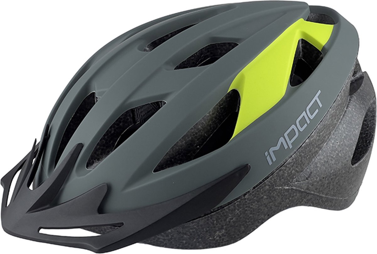 IMPACT Super sterke en lekker comfortabele Fietshelm met verlichting- Grijs & Fluor Geel - Heren / Dames - Maat L- 58/61 cm- met LED