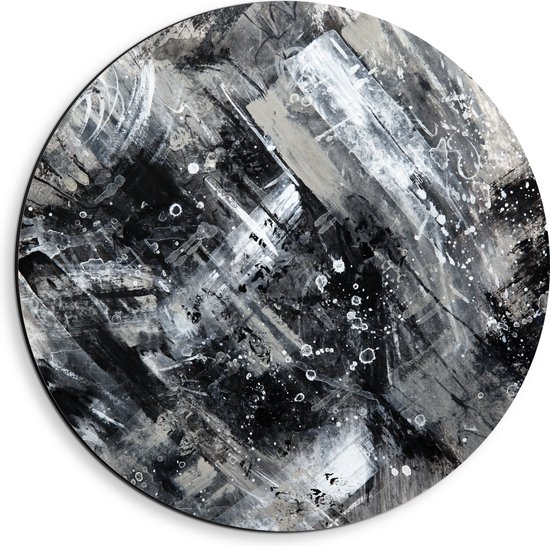 Dibond Muurcirkel - Abstracte Verfmix van Zwart en Wit Tinten - 40x40 cm Foto op Aluminium Muurcirkel (met ophangsysteem)