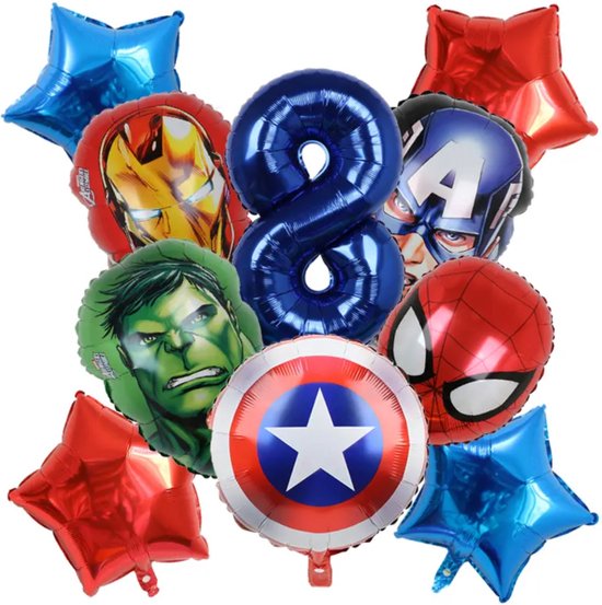Superhelden Feestpakket - Kinderfeestje met Superhelden Hulk Spiderman IronMan Marvel Superheroes - Kinderverjaardag - Feestversiering - Verjaardag Ballonnen - Kinderfeest Jongen - Verjaardag Versiering - Superheld Ballon - Leeftijdballon 8 jaar