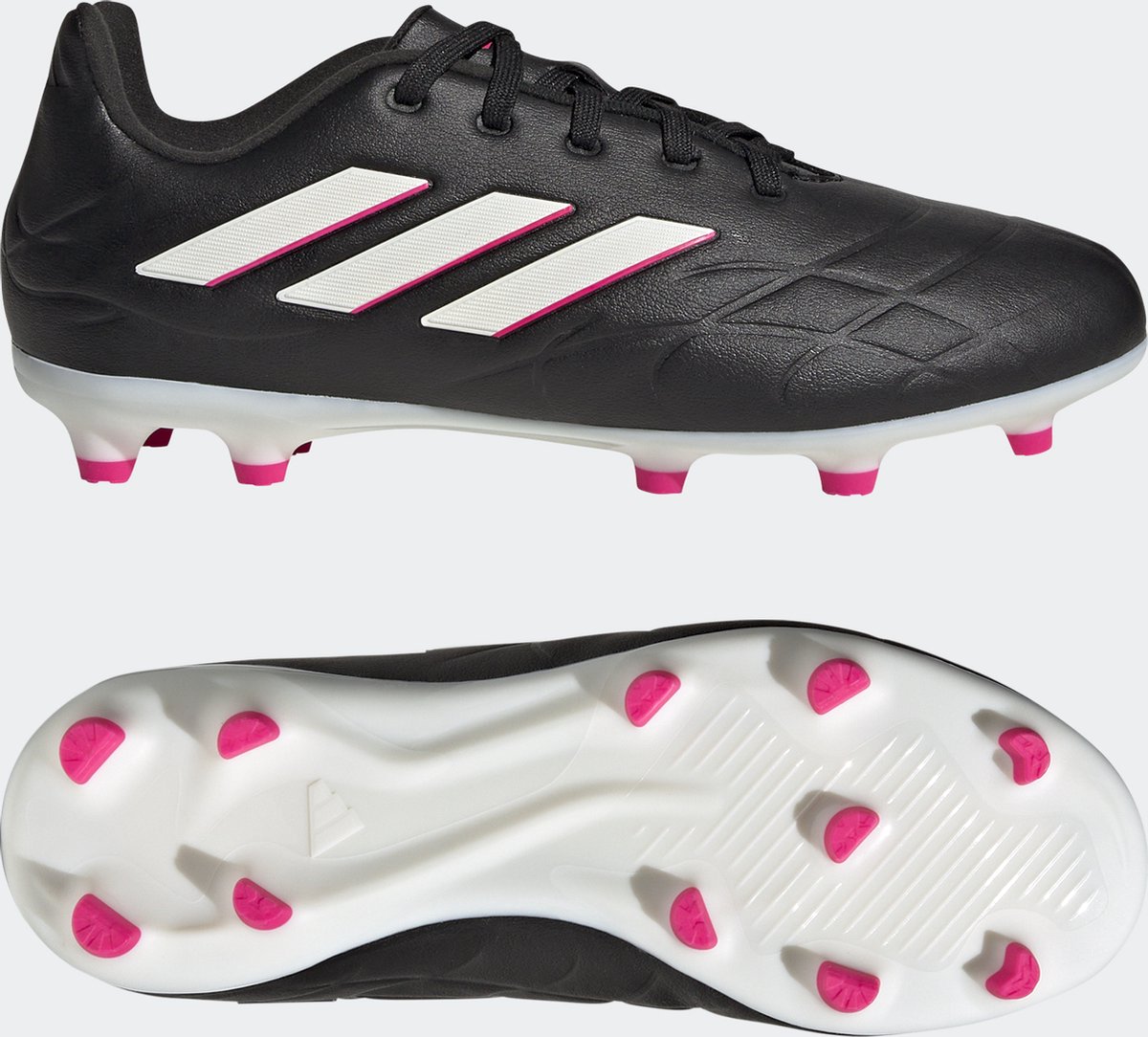 Zwarte adidas Copa Pure.3 voetbalschoenen voor kinderen, maat 33, met witte en roze details en een stevige zool.