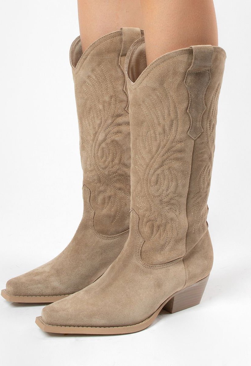 Sacha - Dames - Beige suède cowboylaarzen met stiksels - Maat 39