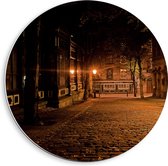 PVC Schuimplaat Muurcirkel - Straat in de Nacht - 40x40 cm Foto op Muurcirkel (met ophangsysteem)