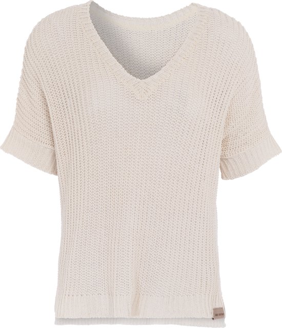Knit Factory Daisy Gebreide Dames Top - Trui met korte mouwen - Gebreide t-shirt - T-shirt - Shirt gemaakt van 80% gerecyceld katoen - Duurzaam & milieuvriendelijk - Korte mouw - V-hals - Beige - 36/44