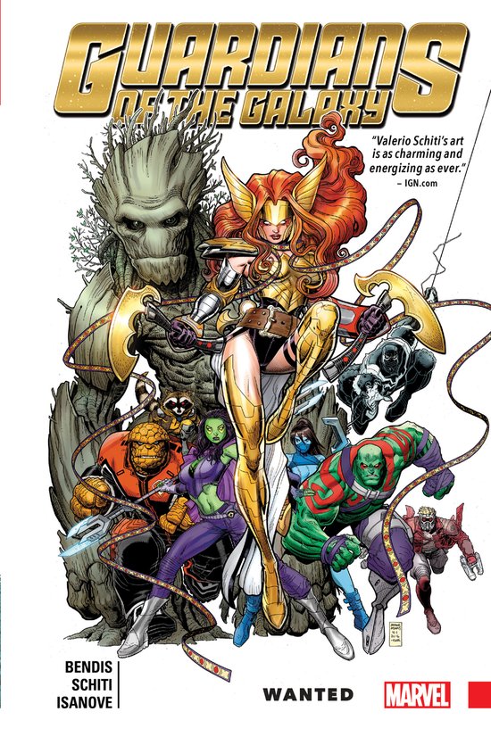 Guardians of the Galaxy: Groot, Rocket, The Thing, Gamora, Drax, Mantis, Star-Lord, en Val. Goudkleurige harnassen, gouden bijlen, oranje en paarse outfits.