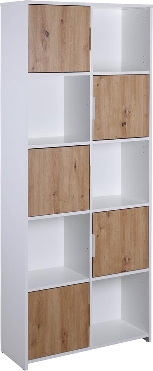 Boekenkast Pepeto | 77 x 30 x 185 cm | Open en gesloten opbergruimte | Kleur: Wit - Interlink - Kasten - Wit; Bruin - Spaanplaat - Kasten -