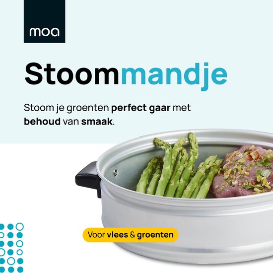 Zilverkleurig stoommandje voor MOA rijstkoker, met gestoomde asperges en vlees.