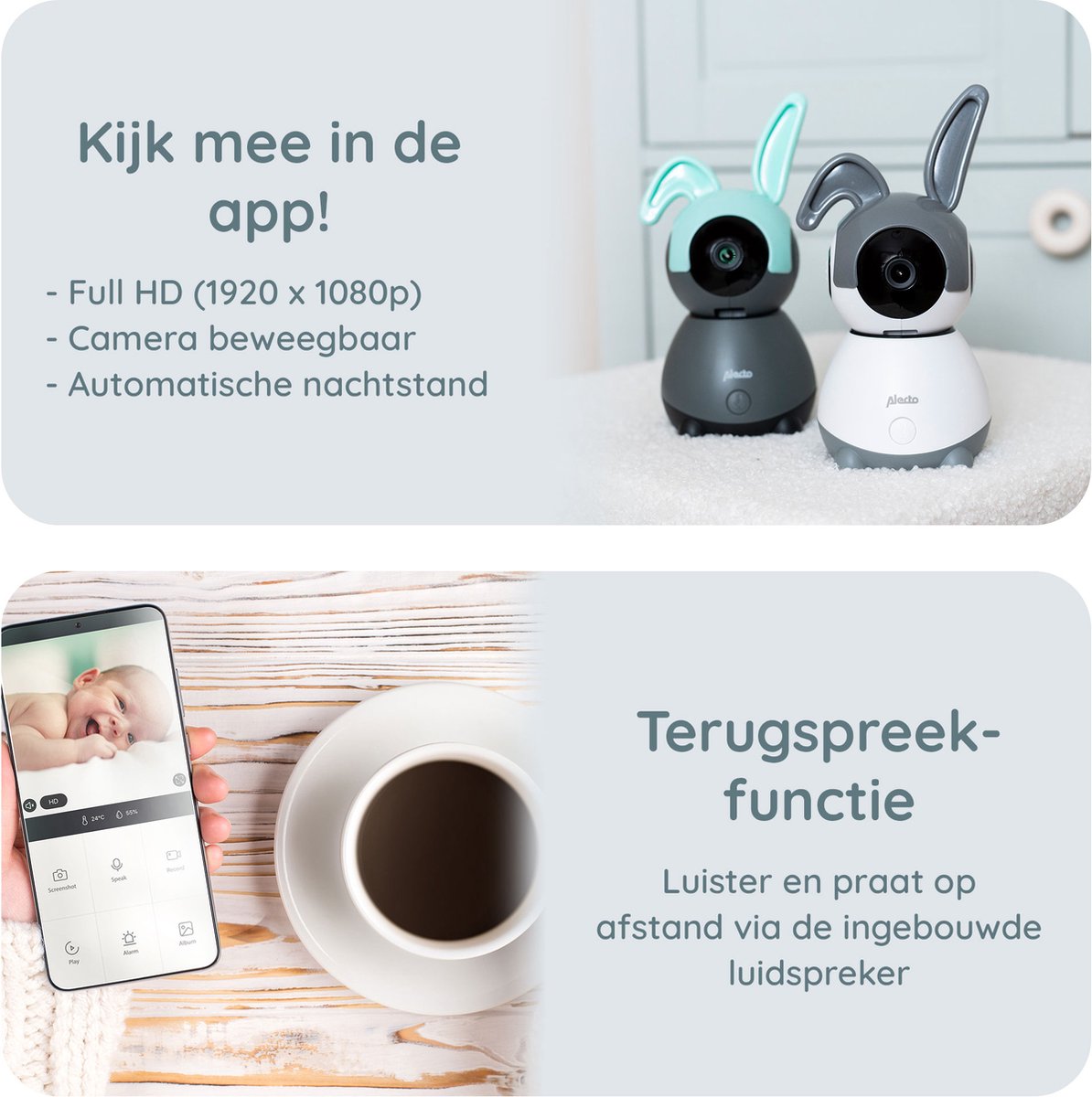 Afbeelding 3 van Alecto Wifi Babyfoon met Camera en App - Full HD - Op afstand beweegbaar - Melding bij beweging en geluid - SMARTBABY10BK - Zwart