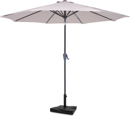 Beige parasol met donkergrijs frame en zwarte voet, volledig geopend.