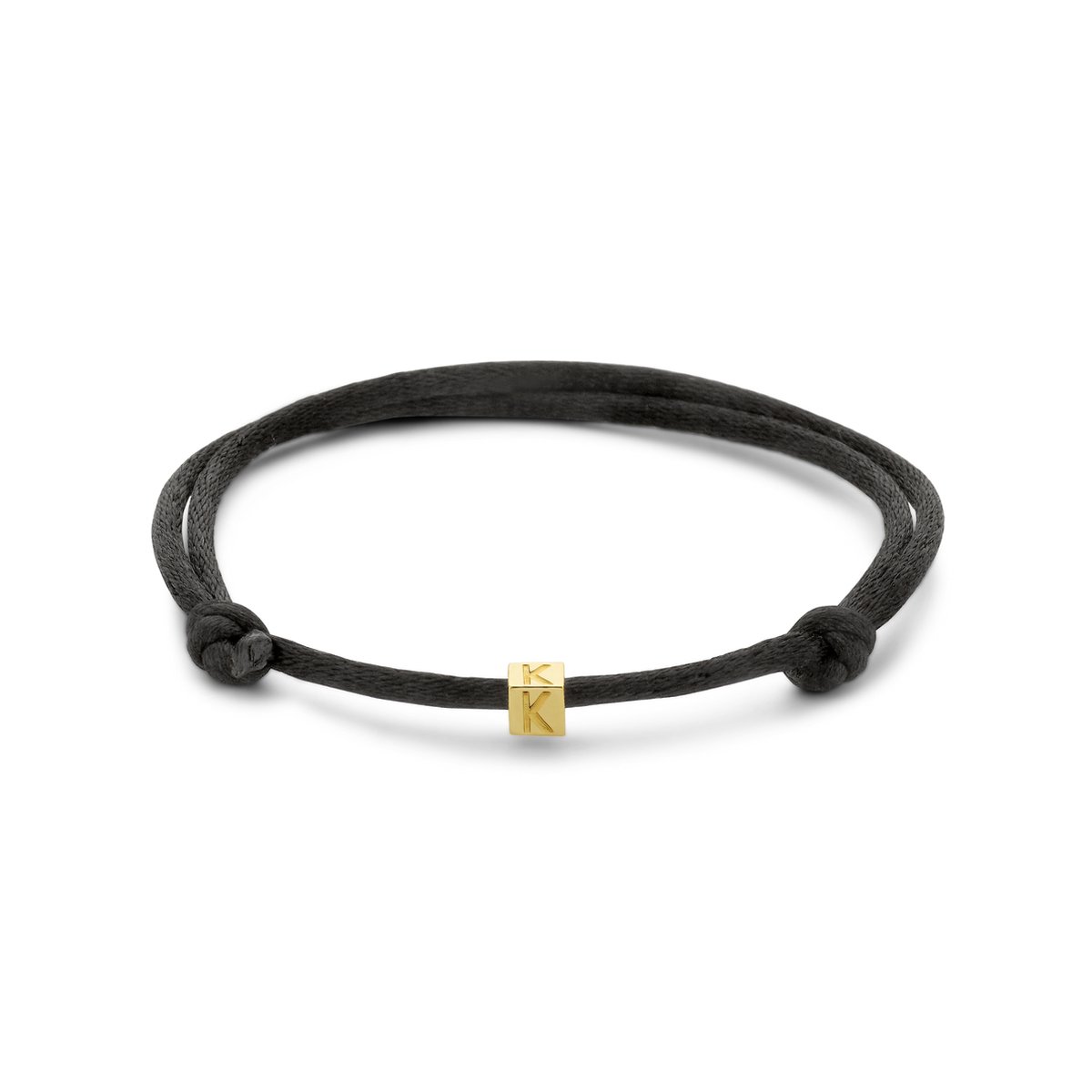 New Bling 9NBG-913K Satijnen Armband met 14 Karaat Letter Kubus K 4mm - K - One Size - 16 tot 26cm - 2mm Dikte - Zwart - Goud
