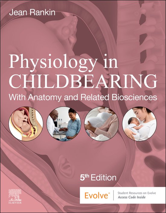 Boekomslag "Physiology in Childbearing" met afbeeldingen van zwangerschap en een foetus, "5th Edition".