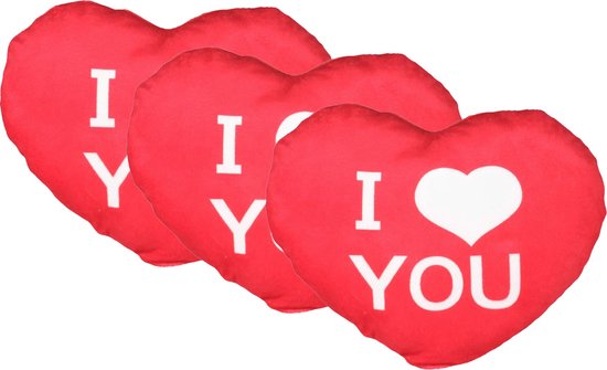 Sierkussentje Valentijn/I Love hartje vorm - 3x - rood - pluche - 30 cm