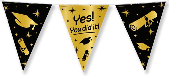 Geslaagd thema party Vlaggenlijn - binnen/buiten - plastic - zwart/goud - 10m - You did it