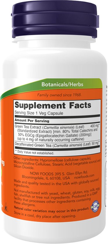 Witte supplementfles met blauw deksel. Label toont 'Supplement Facts' met ingrediënten zoals Groene Thee Extract.