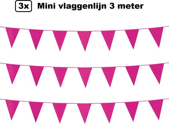 Drie roze vlaggenlijnen van 3 meter, elk met 10 driehoekige vlaggetjes van 10x15cm.
