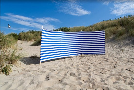 TOPPER!! Strand Windscherm Azur Blauw - Wit - 5 meter Sterk Dralon met 2 Delige Stokken 180 cm -Doekhoogte 140 cm