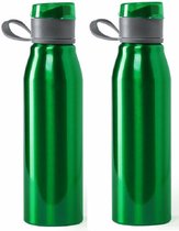 Aluminium waterfles/drinkfles/bidon/sportfles - 2x - metallic groen - met schroefdop - 700 ml