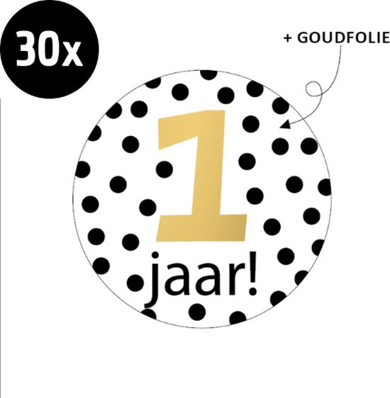 30x Sluitsticker Hoera 1 jaar! | GOUDFOLIE | 40 mm | Traktatiesticker Hoera | Cadeausticker | Sluitzegel | Sluitsticker | Traktatie - Verjaardag - Feest | Sticker 1e verjaardag | Kinder traktatie