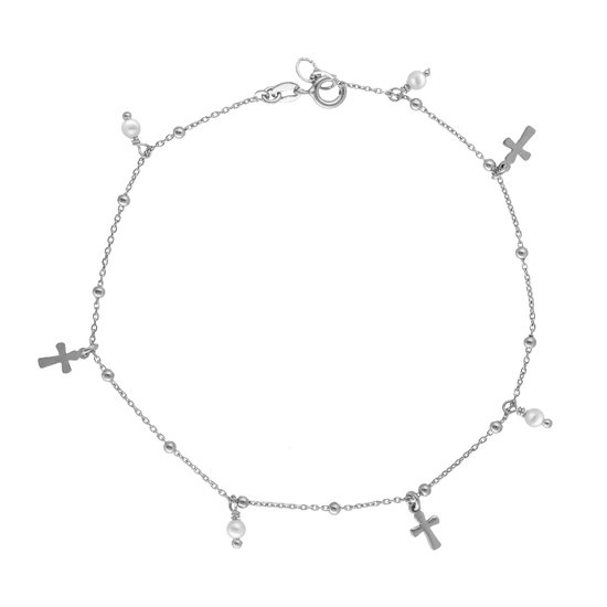 Victoria Cruz A4247-00HB Bracelet de Cheville en Argent avec Perles et Croix - 20+6cm - épaisseur 1mm - Perle 3mm - Croix 7mm - Rhodium - Argent