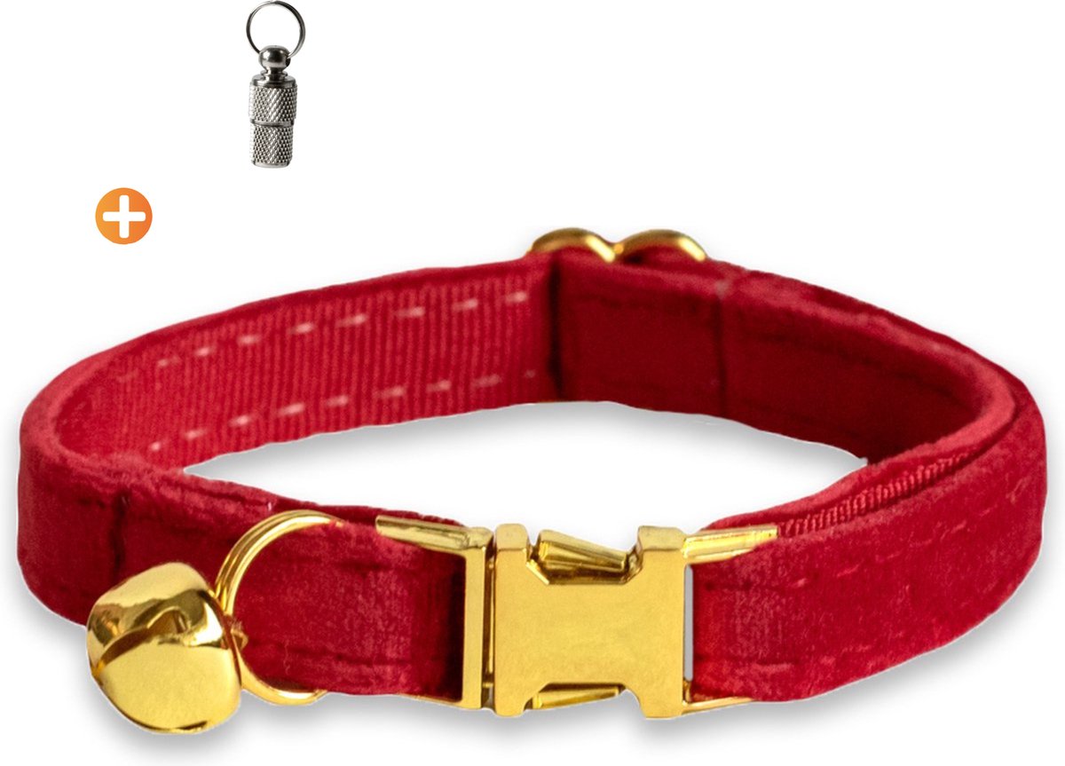 ACE Pets Kattenhalsband met belletje – Halsband Kat & Kitten - Kittenhalsband & Kattenbandje - Kattenbelletje -Pluche velvet - Rood