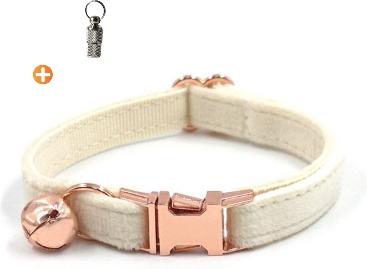 ACE Pets Kattenhalsband met belletje – Halsband Kat & Kitten - Kittenhalsband & Kattenbandje - Kattenbelletje - Pluche velvet - Crème
