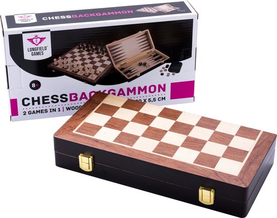 Longfield Schaak/backgammon opklapb essenhout 30 x 30 x 5,5 cm