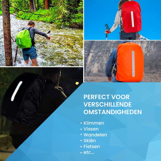Collage de housses de sac à dos en utilisation : verte près d'une rivière, rouge à ski, orange en montagne, noire la nuit.