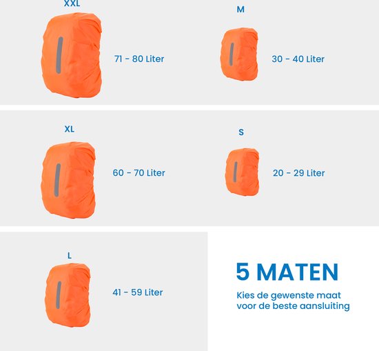 Overzicht van vijf maten oranje rugzakhoezen, van S tot XXL, met bijbehorende liter-aanduidingen.