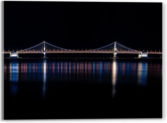 Acrylglas - Gwanganbrug in de Nacht met lichtjes - 40x30 cm Foto op Acrylglas (Met Ophangsysteem)