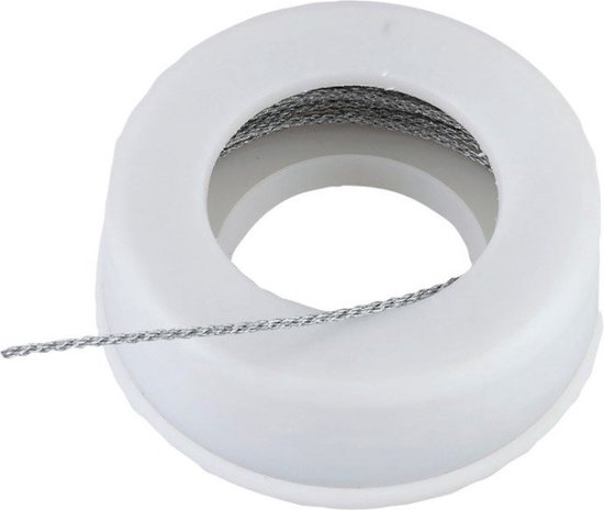 Een rol met wit plastic omwikkeld met staaldraad. De draad is 12 meter lang.