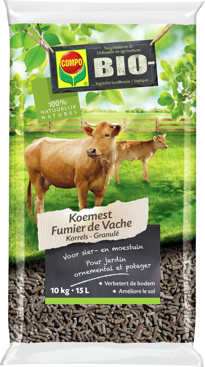 COMPO Bio Koemest - 100% natuurlijk - voor sier- en moestuin - verbetert de bodem - zak 10 kg (15L)