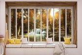 Fotobehang - Vlies Behang - 3D - Uitzicht op de Waterval in het Herfstbos vanuit het Raam - 254 x 184 cm