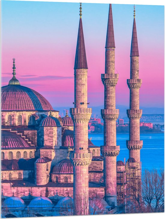 Acrylglas - Sultan Ahmetmoskee in Istanbul met Roze Blauwe Lucht - 75x100 cm Foto op Acrylglas (Met Ophangsysteem)