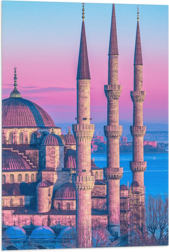 Vlag - Sultan Ahmetmoskee in Istanbul met Roze Blauwe Lucht - 50x75 cm Foto op Polyester Vlag