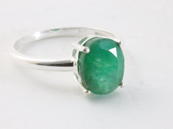 Fijne hoogglans zilveren ring met smaragd - maat 19