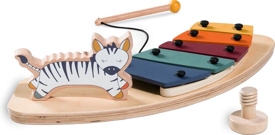Xylofoon met houten zebra en drumstok, plus een montageschroef. Gekleurde staafjes op een houten basis.