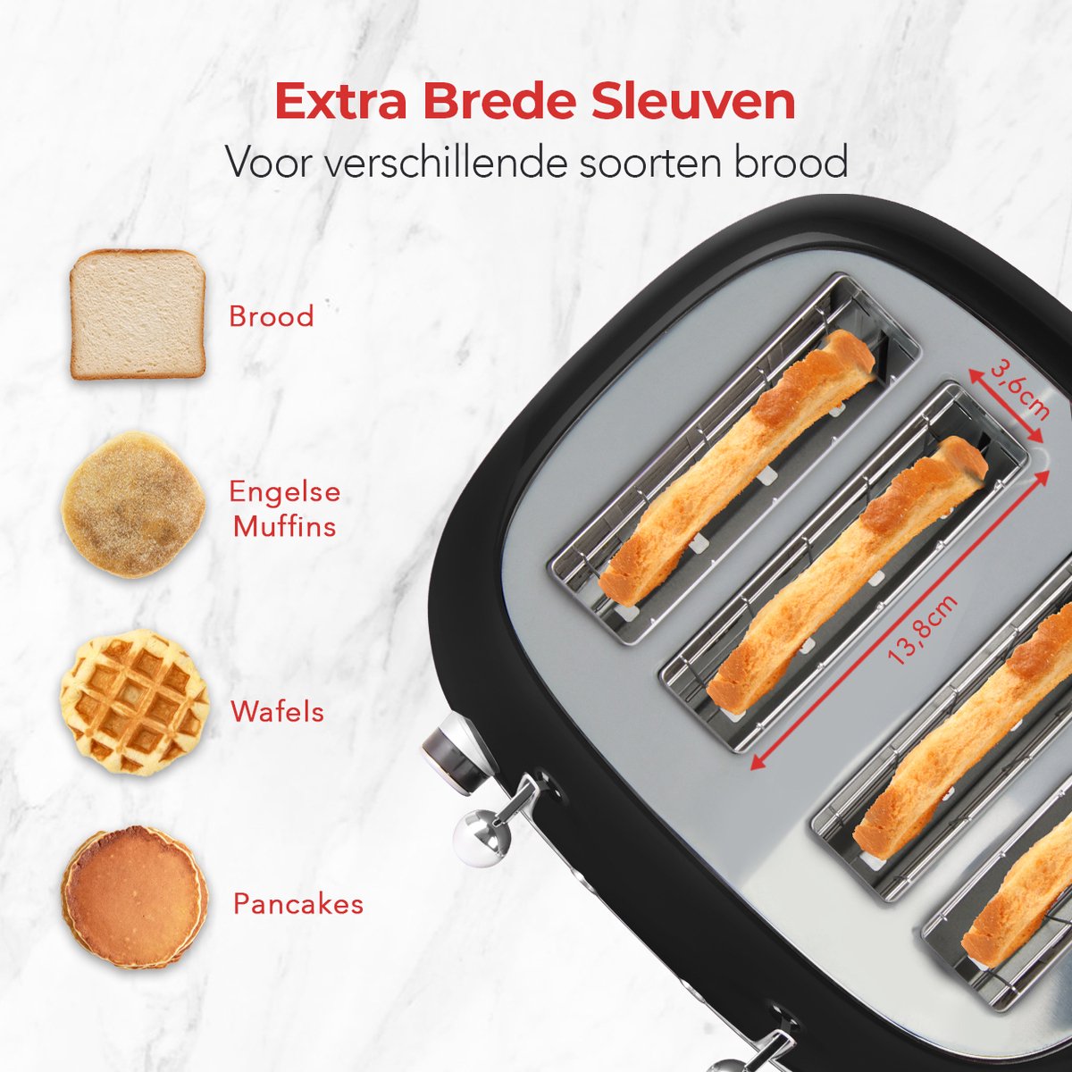 KitchenBrothers Retro Broodrooster - Toaster - 6 Warmteniveaus - 4 Sneden - 4 Extra Brede Sleuven - BPA-vrij - 1630W - Zwart thumbnail 6