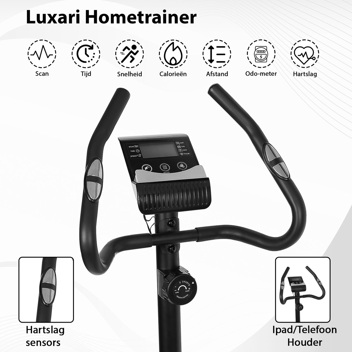 Afbeelding 3 van Luxari Hometrainer - 6 kg vliegwiel - Verstelbaar zadel - Hartslagsensor - Inclusief I-pad/tablet houder - Super stille modus - Zwart - Hometrainer voor thuis - Trainingsfiets - Fitness fiets