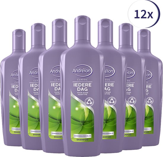 Rij van acht paarse flessen Andrélon Classic Iedere Dag shampoo, met "12x" indicatie.