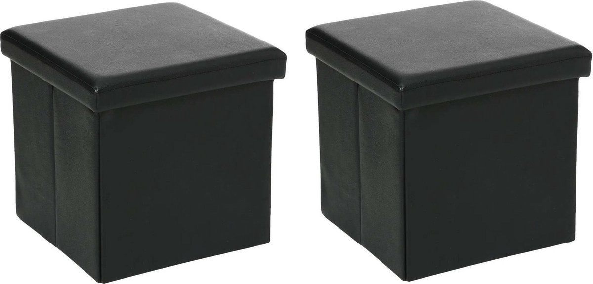 Atmosphera Poef/Hocker/voetenbankje - 2x - opbergbox - zwart - pvc/mdf - 38 x 38 cm - opvouwbaar