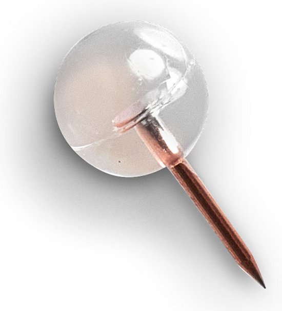 Gros plan d'une punaise ronde transparente avec une épingle rose or.