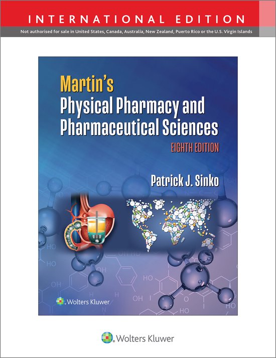 Couverture du livre : Martin's Physical Pharmacy and Pharmaceutical Sciences, huitième édition, avec une image d'un estomac et d'une carte du monde remplie de pilules.