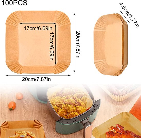 Cosori Bakpapier voor heteluchtfriteuse XXL 4-7,3 l, 100 stuks 20 cm, ongebleekte airfryer-accessoires, wegwerpschalen met anti-aanbaklaag, perkamentpapier, compatibel met gangbare heteluchtfriteuses