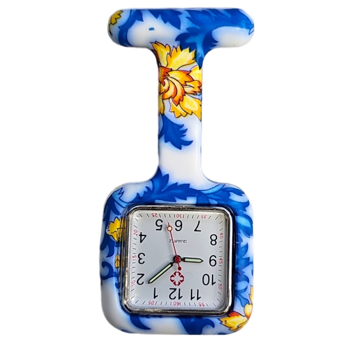 Fako® - Verpleegstershorloge - Zusterhorloge - Verpleegster Horloge - Siliconen Vierkant Print - Bloemen Blauw-Geel
