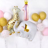 Eerste verjaardag ballonnen cakesmash set met giraf, olifant, grote roze 1 en diverse andere ballonnen - ballon - olifant - giraf - cakesmash - eerste - verjaardag