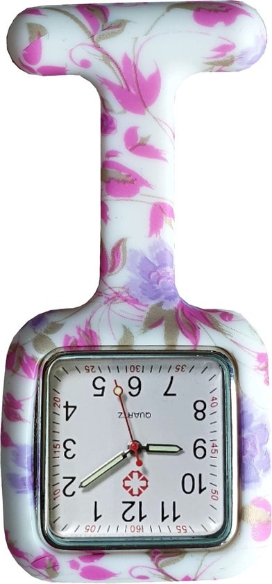 Fako® - Verpleegstershorloge - Zusterhorloge - Verpleegster Horloge - Siliconen Vierkant Print - Bloemen Roze/Paars