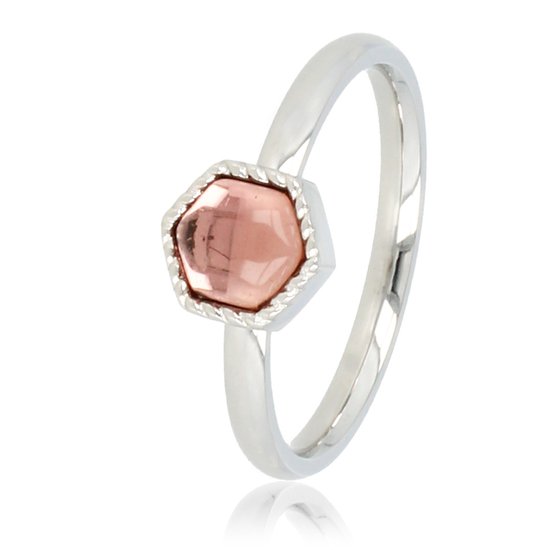 My Bendel - Zilverkleurige ring met donkerroze glassteen - Unieke zilverkleurige ring gevormd in een zeshoek met donkerroze glassteen - Met luxe cadeauverpakking