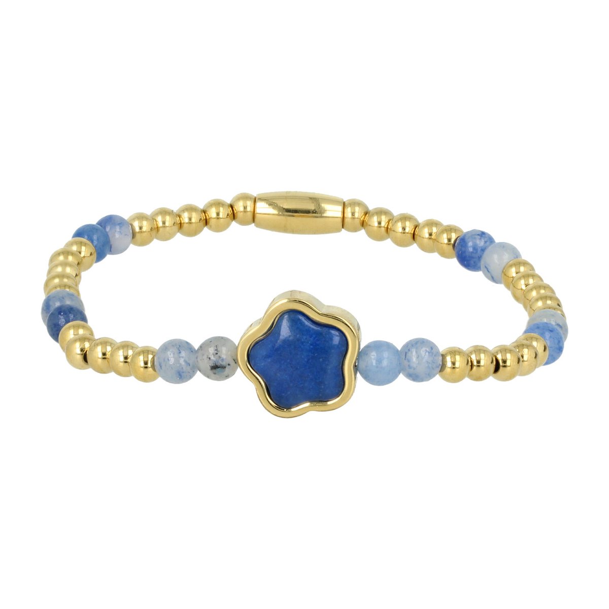 *My Bendel - Gouden armband met Blue Aventurine edelsteen - Gouden kralenarmband met bloemenbedel van Blue Aventurine bloem bedel - Met luxe cadeauverpakking