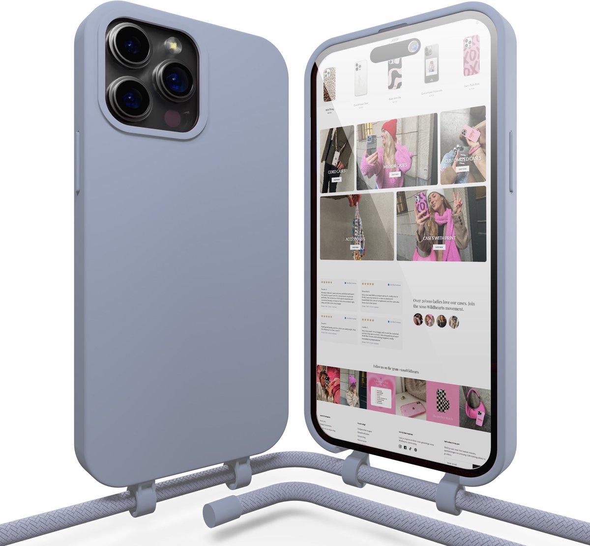 xoxo Wildhearts silicone case met koord - Telefoonhoesje met koord - Backcover hoesje met telefoonkoord - Ash Blue Cord Case - geschikt voor Apple iPhone 14 Pro - blauw