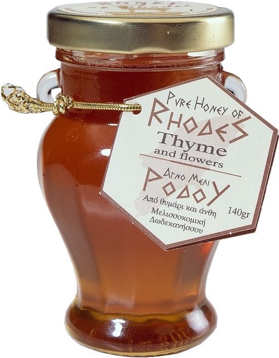 Griekse Honing Melissokomiki Dodecanesse Amphoreas pure Honey Thyme and Wild Flowers 140g | Honing met tijm