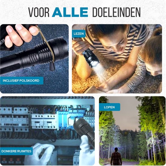 TradeRB® Militaire LED Zaklamp - USB Oplaadbaar - Inclusief 5000 mAh Batterij & Opbergdoos - 20 Branduren - Zoomfunctie - Telescopische Lens - voor Kamperen & Wandelen - 3000 Lumen - Aluminium – Zwart